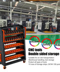 CNC Tool Holder Keeper Station And Storage Cart For Shops And Factories Heavy Duty CNC Tool Organizer System For Warehouses Garages Stores And Workbenches Beefed Up With Rugged Steel Construction, double-sided steel cart with orange shelves and casters