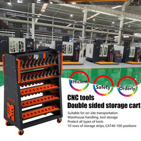 CNC Tool Holder Keeper Station And Storage Cart For Shops And Factories Heavy Duty CNC Tool Organizer System For Warehouses Garages Stores And Workbenches Beefed Up With Rugged Steel Construction, double-sided steel cart with orange shelves and casters