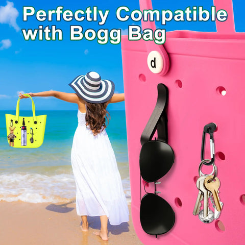 Close-up of pink Bogg Bag with Six Pack Bogg Bag Accessories Hooks Kit holding sunglasses and keys