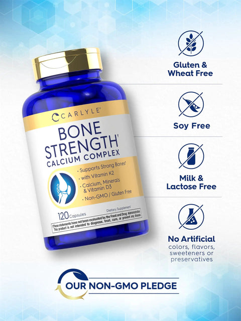 Bone Strength Calcium Complex Supplement With Vitamin D3 Magnesium Zinc K2 Boron 120 Capsules Non GMO Gluten Free For Stronger Bones