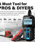 12V Car Battery Tester With 100 To 2000 CCA Load Test Digital Auto Battery Analyzer labeled Topdon next to a truck