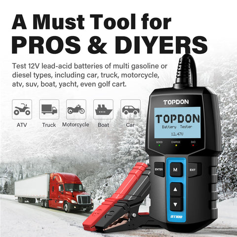 12V Car Battery Tester With 100 To 2000 CCA Load Test Digital Auto Battery Analyzer labeled Topdon next to a truck