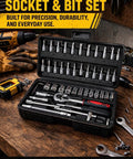 All In One 46 Piece Socket And Screwdriver Bit Set With Ratchet Wrench And Extension Bars, open case showing tools, for DIY projects