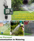 Water Timer For Outdoor Garden Hose With Auto, Manual And Rain Delay Modes, showing installation and various modes in use