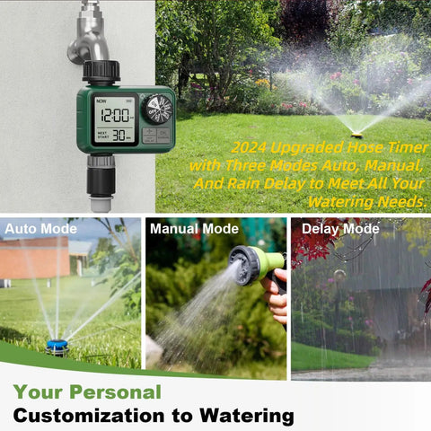 Water Timer For Outdoor Garden Hose With Auto, Manual And Rain Delay Modes, showing installation and various modes in use