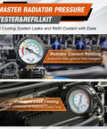 Hella Reliable Garage Ready Coolant Pressure Tester Kit And Vacuum Refill Tool Set, includes pressure gauge for radiator testing.