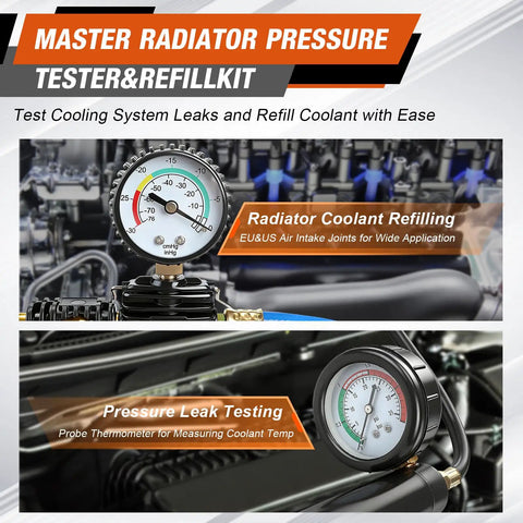 Hella Reliable Garage Ready Coolant Pressure Tester Kit And Vacuum Refill Tool Set, includes pressure gauge for radiator testing.