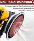 Pro Level 9 Inch 10 Hole Hook And Loop Sanding Discs Set With Free Foam Sponge for efficient dust collection shown with handheld sander.