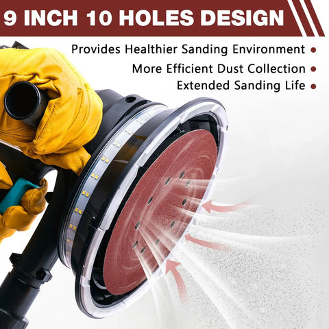 Pro Level 9 Inch 10 Hole Hook And Loop Sanding Discs Set With Free Foam Sponge for efficient dust collection shown with handheld sander.