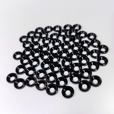 Top Shelf Slick M3 Countersunk Washers Rock Solid Aluminum Alloy Flat Shims Low Profile Gaskets For Fpv Drones Rc Builds Pc Mods And Mechanical Projects Black 60 Pack displayed on white background.