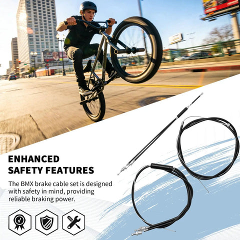 BMX rider performing tricks with BMX Gyro Front And Rear Brake Cable Kit With Upper And Lower Cables, Spinner Rotor shown inset.