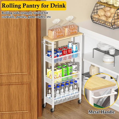 Slim 4 Tier Rolling Storage Cart With Wood Top For Narrow Spaces In Kitchen Laundry Room And Bathroom Metal Narrow Shelf Unit Mobile Organizer Trolley With Handle For Tight Corners loaded with drinks.