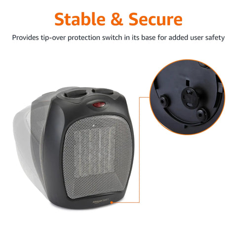 Ceramic Space Heater Portable Indoor Heating Solution With Overheat And Tip Over Protection Thermostat, black, front view.