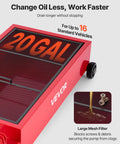 Close-up of red Low Profile 20 Gallon Rolling Oil Drain Pan With Manual Pump And 7.2 Foot Hose, Leak Proof grid and mesh filter.