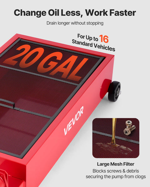 Close-up of red Low Profile 20 Gallon Rolling Oil Drain Pan With Manual Pump And 7.2 Foot Hose, Leak Proof grid and mesh filter.