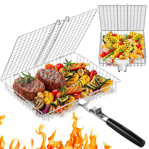 Two Pack Nesting Grill Baskets With Removable Handles For Outdoor BBQ Grillin Barbecue Gear Stainless Steel Camping Accessories