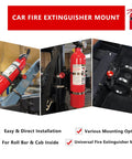 Aluminum Adjustable Fire Extinguisher Mount For UTV Roll Bars Universal Fit For Jeep Wrangler TJ JK JL JKU Polaris RZR Ranger Can Am X3 Rust Resistant Heavy Duty Holder Built To Last For Rugged Outdoor Adventures installed on vehicle.