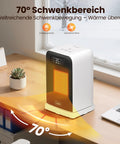 All In One Indoor Space Heater With 1500W Max on desk by window, showing 70 degree oscillation and LED display