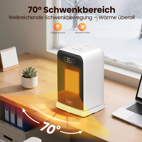 All In One Indoor Space Heater With 1500W Max on desk by window, showing 70 degree oscillation and LED display