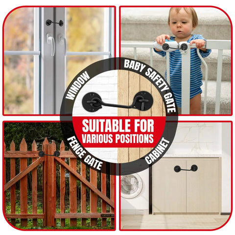 Heavy Duty 6 Inch Cabin Hook And Eye Latch With Safety Buckle, Black Privacy Latch installed on gates, cabinets, safety gates