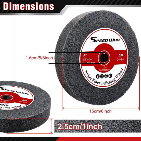 Top Shelf Nylon Fiber Polishing Wheel 6 Inch 240 Grit Deburring Pad With Three Eighth Inch Arbor, showing dimensions for use with bench grinders.