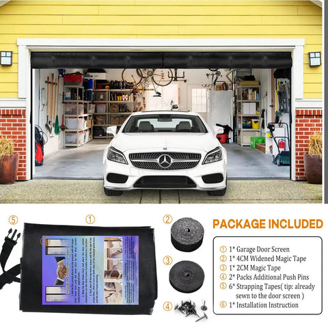 Two Car Garage Screen Door 16x7 Ft Heavy Duty Magnetic Self Sealing Fiberglass Mesh with accessories package