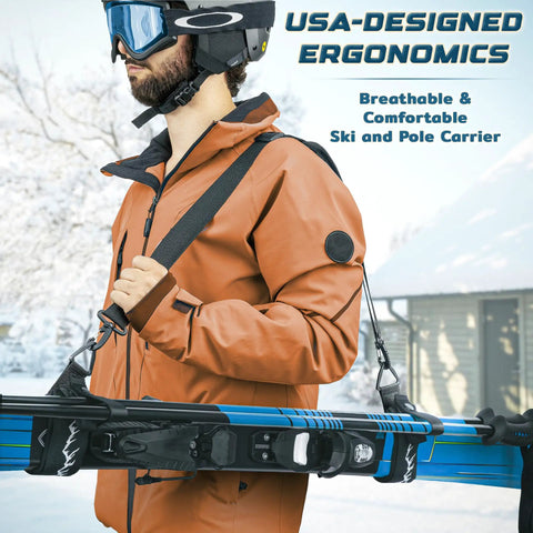 Person using Heavy Duty Ski Straps And Pole Carrier With Adjustable Length And Cushioned Shoulder Sling For Kids And Adults