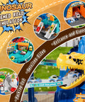 Dinosaur race car tracks with climbing hills, ramps, small cars, and dinosaur-themed map and stickers for 3 to 8-year-olds.