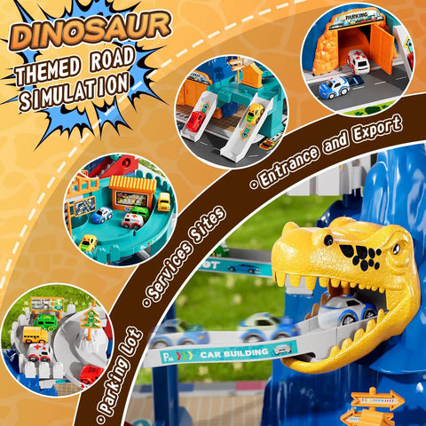 Dinosaur race car tracks with climbing hills, ramps, small cars, and dinosaur-themed map and stickers for 3 to 8-year-olds.
