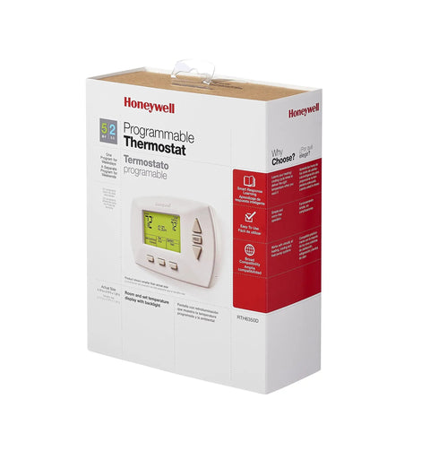 Box packaging of Easy To Use Programmable Thermostat With Four Daily Programs And Menu Driven Setup, armchair programming visible.