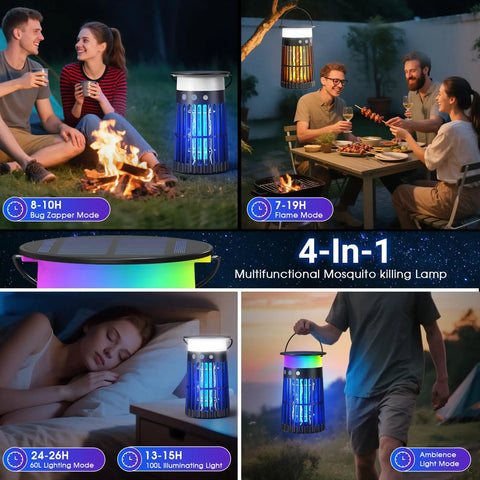 2 Pack Solar Bug Zapper Outdoor Portable Electric Mosquito Killer, waterproof insect trap, LED night light, flame effect.