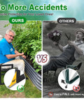 Comparison image of a man using a heavy duty garden kneeler and seat with no slip anti tip stability versus a less stable option.