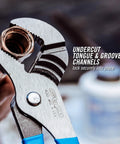 Close-up of 3 Piece Tongue And Groove Pliers Set With Laser Heat Treated Teeth gripping a pipe fitting