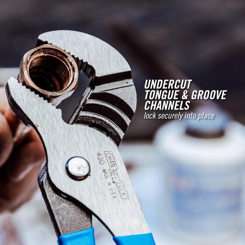 Close-up of 3 Piece Tongue And Groove Pliers Set With Laser Heat Treated Teeth gripping a pipe fitting