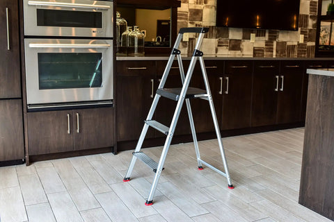 Three Step Aluminum Step Ladder With Built In Project Tray, 225 Pound Capacity, Lightweight Yet Durable, Auto Lock Safety, Grab And Go Ready To Use Right Out Of The Box, Portable Home Or Garage Ladder For Tasks in kitchen