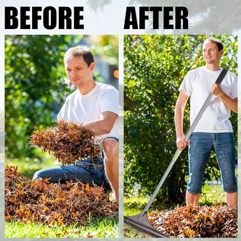 Man using Artificial Turf Rake With Telescopic Steel Handle For Lawn Care to clean fake grass, leaves, pet hair, and debris.