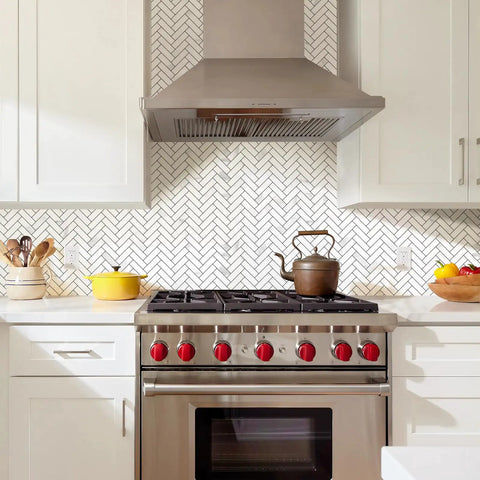 Peel And Stick Herringbone Kitchen Backsplash Tiles Self Adhesive Aluminum Composite PVC Marble White With Light Grey Veining over stove