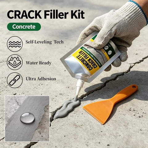 Self Leveling Concrete Crack Filler And Waterproof Sealant Dead Simple Fixin Up Driveway Cracks Masonry Patch Kit That Works Like A Champ In Three Pack being dispensed onto cracked concrete.