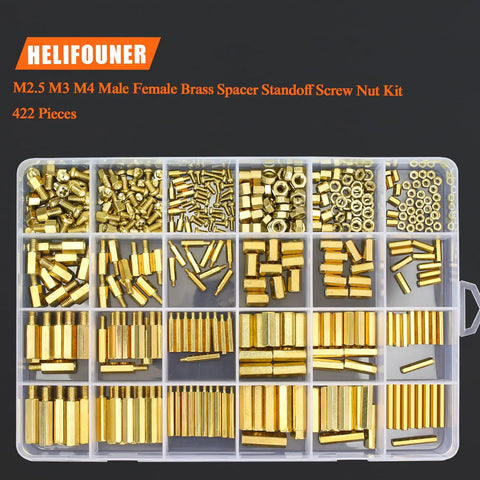 Heavy Duty Brass Spacers Standoffs Set with M2.5 M3 M4 Hex Screws and Nuts Assortment Kit for PC Motherboard Assembly, 422 pieces in organized storage.