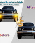 Before and after comparison of Toyota Tacoma LED Front Bumper Side Marker Lights DRL Amber Sequential Turn Signal Lamps Fog Light Kit