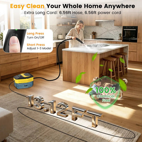 Upgraded Handheld Steam Cleaner 1.9Qt Big Tank Heats In Eight Seconds For Tile Floors Cars And Grout With 18 Pieces Of Accessories For Deep Clean Home Auto Detailing Safe No Burn Touch showing a woman cleaning kitchen countertops.