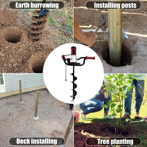 Powerful 1500W Electric Post Hole Digger with 6 Inch Auger Bit used for fence posts, deck installing, and tree planting.