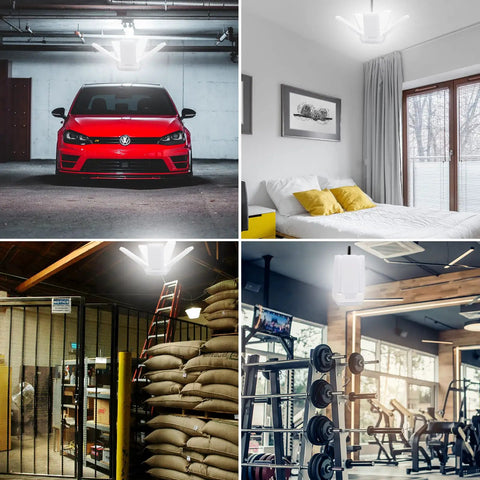 4 Pack LED Garage Lights, 60W Each, 8000 Lumens, 6500K Daylight Ceiling Light With 5 Adjustable Panels installed in various settings.