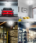 Super Bright LED Garage Light 2 Pack 10000 Lumens 6500K illuminating various spaces like a garage, bedroom, warehouse, and gym