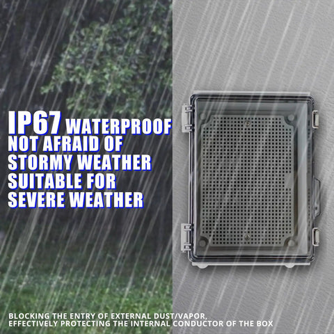 Rugged Outdoor Waterproof Electrical Junction Box With IP67 Weatherproof ABS Enclosure And Hinged Cover in rainstorm