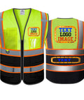 Crew Job Site Ready And Built Dang Tough High Visibility Mesh Reflective Safety Vest Fluorescent Yellow with pockets and black hem.