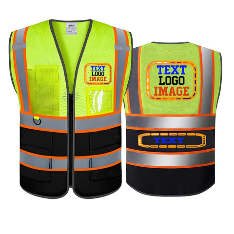Crew Job Site Ready And Built Dang Tough High Visibility Mesh Reflective Safety Vest Fluorescent Yellow with pockets and black hem.