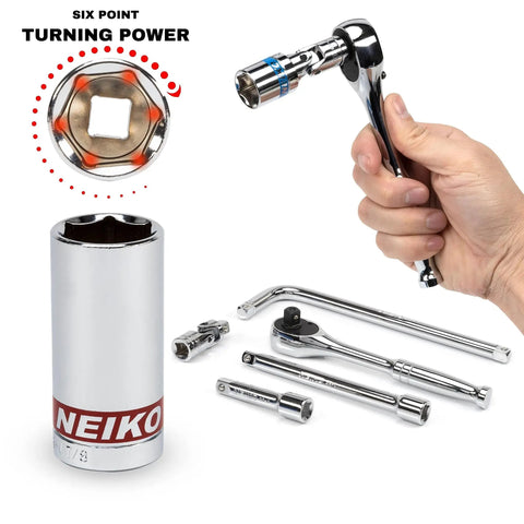 Person holding quick release ratchet from 3/8 Inch Drive Socket Set With Quick Release Ratchet And 90 Tooth, 43 Piece Standard And Deep Metric Sockets