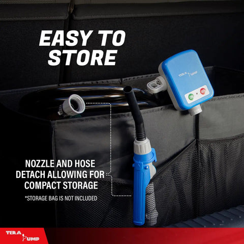 Badass Electric Drum Pump for 55 Gallon Barrels Moves 2.4 Gpm, showing nozzle and hose in storage pouch.