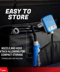 Heavy Duty Electric Def Drum Pump With Slick Flow Control Nozzle And Nine Point Eight Foot Vinyl Hose for compact storage.